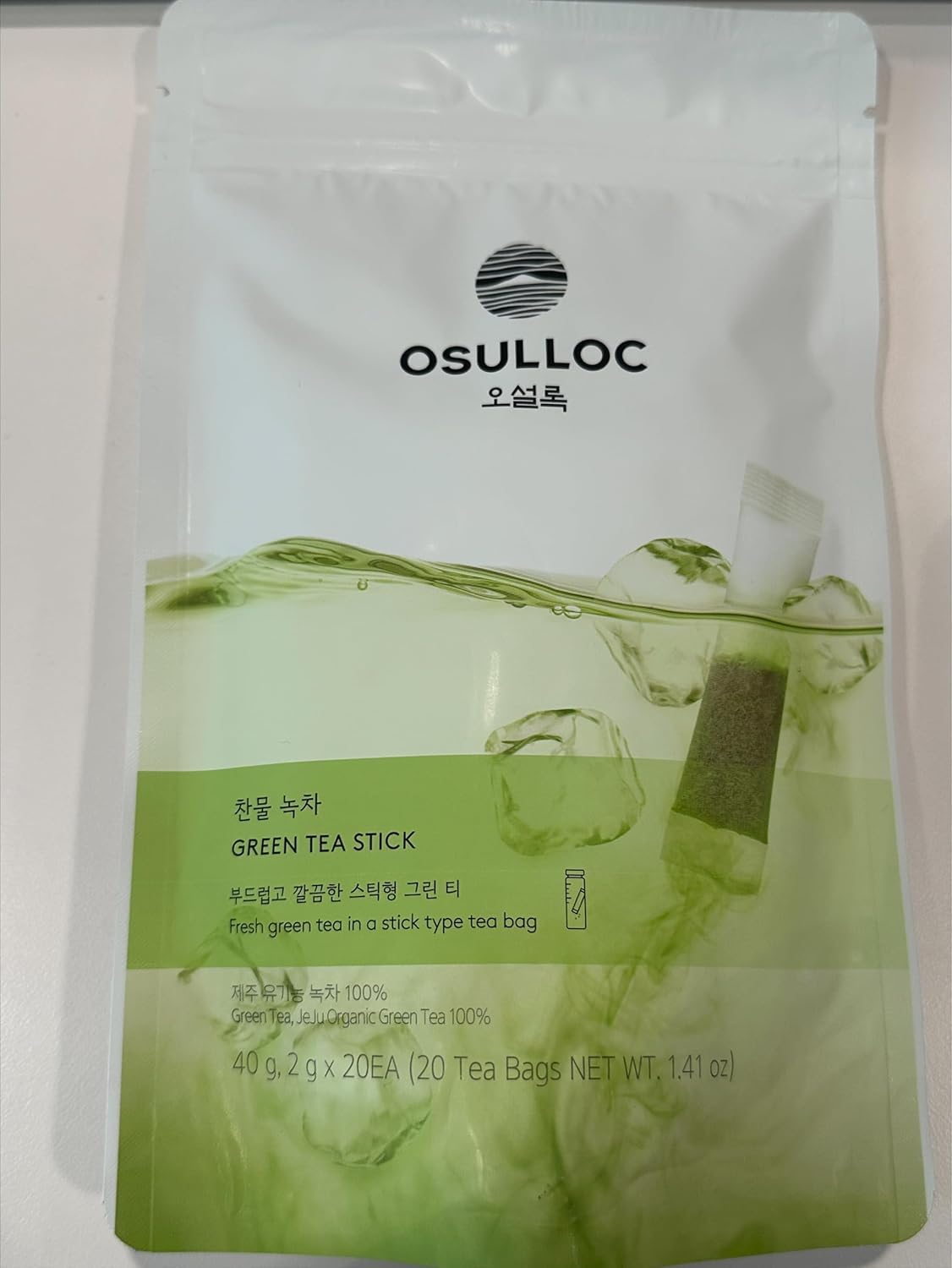 OSULLOC Cold Green Tea, Stick-Type in Pouch Package, Premium Organic Pure Tea from Jeju, 20 count, 1.41 oz, 40g