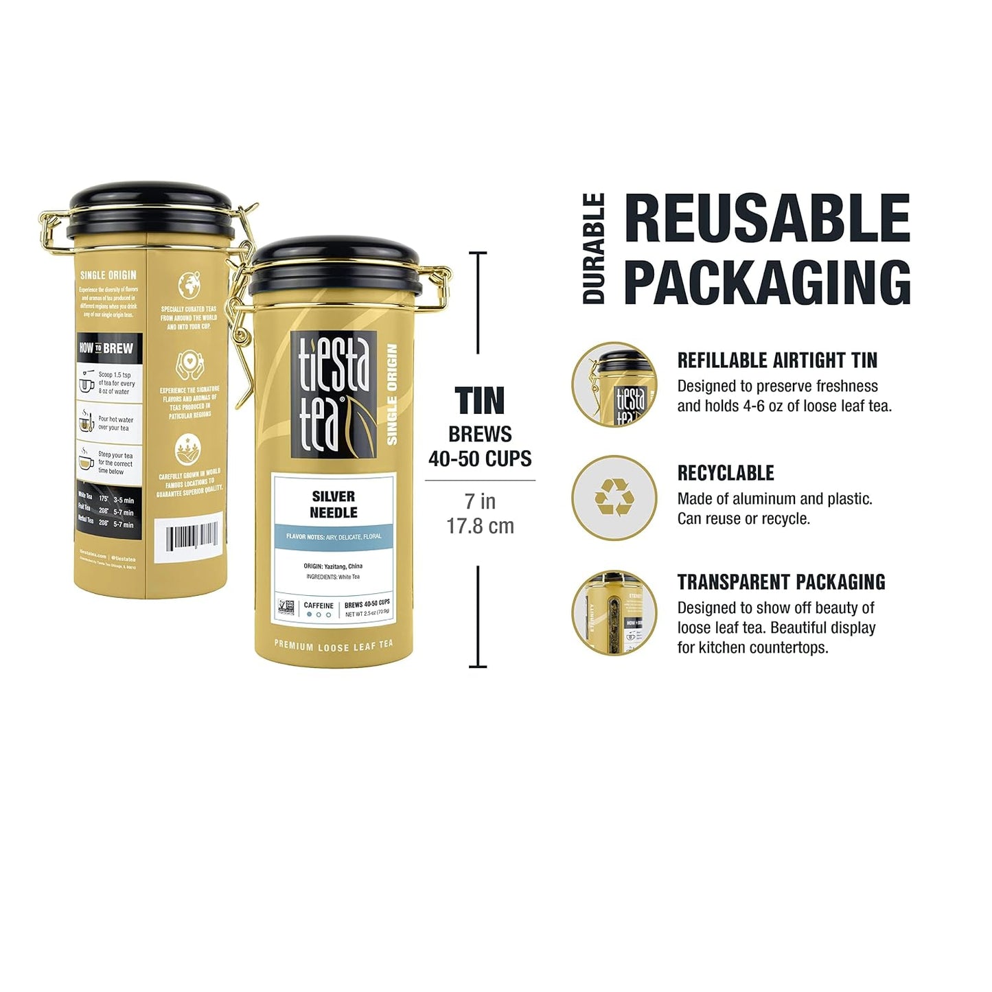 Tiesta Tea Silver Needle White Tea – Premium Loose Leaf | Single-Origin from China, Pure Unblended Low-Caffeine Tea, Hot or Cold Brew, 2.5oz Refillable Tin, Brews 50 Cups