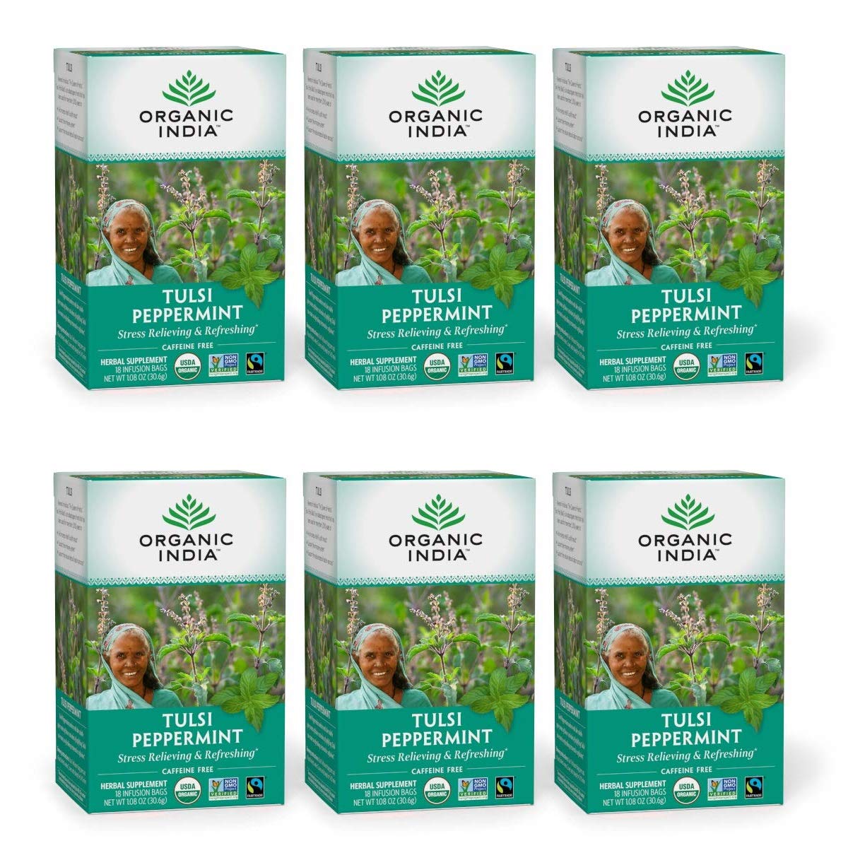 ORGANIC INDIA Tulsi Peppermint Tea, Vegan, 18 Infusion Bags, 6 Pack