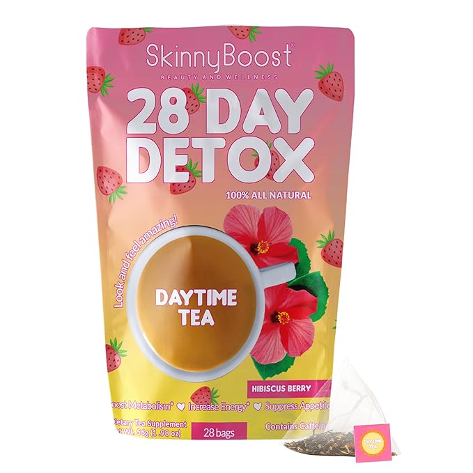 SkinnyBoost 28 Day Detox Daytime Tea -HIBISCUS BERRY (28 Tea Bags) Supports Metabolism Boost, Detox, All Natural, Non GMO, Vegan, Keto Friendly