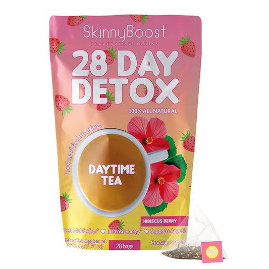 SkinnyBoost 28 Day Daytime Tea - Hibiscus Berry (28 Tea Bags) All Natural, Non GMO, Vegan, Keto Friendly