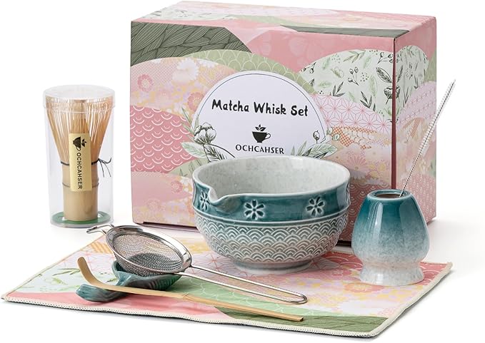 Matcha Tea Set, 8 Pcs Japanese Matcha Kit with Cherry Blossom and Wave Design Ceramic Bowl, Bamboo W