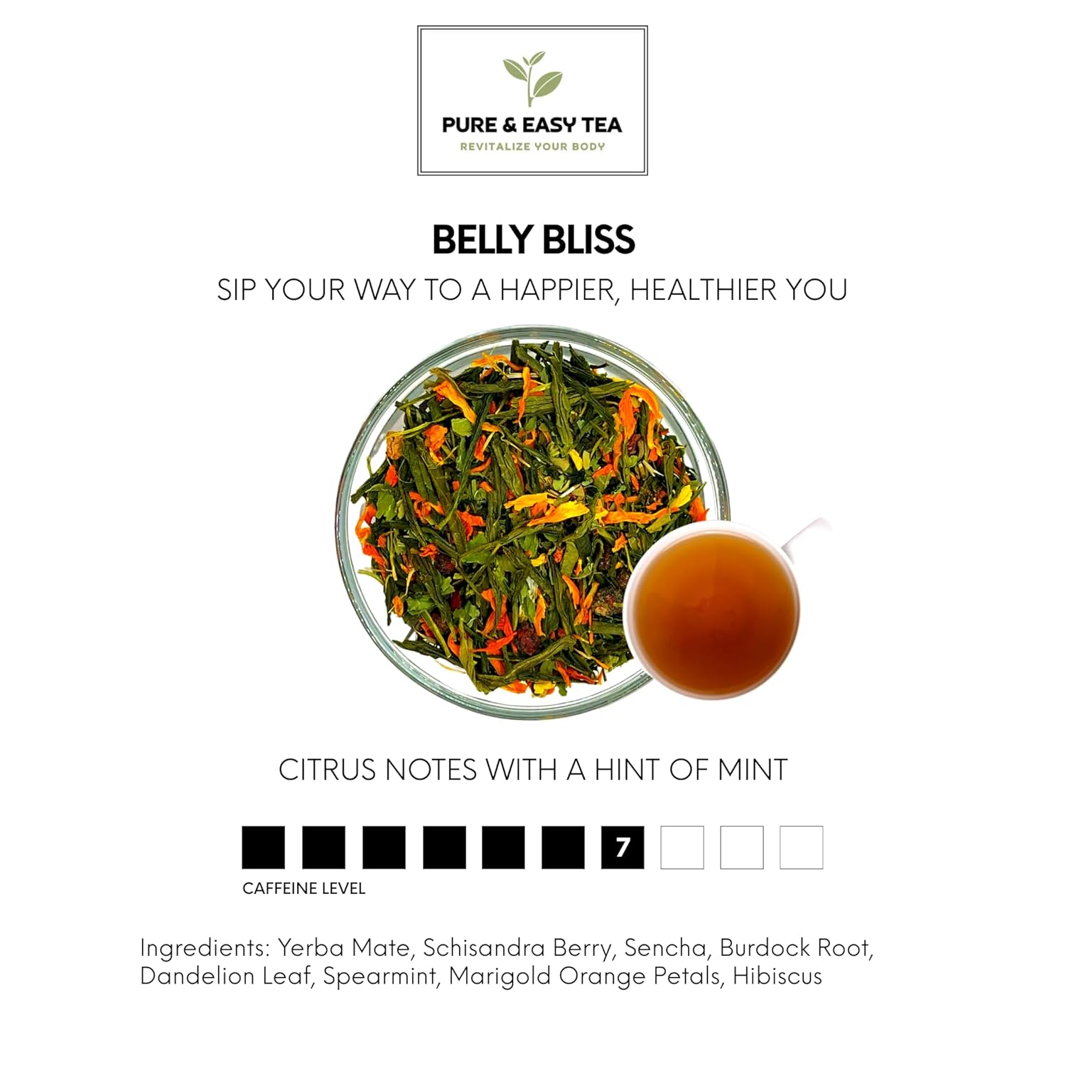 Pure And Easy Tea, Belly Bliss Loose Leaf Tea, Whole Leaf Botanical Blend with Yerba Mate, Sencha & Dandelion Leaf (100g)