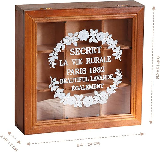 9-Slot Mini Wooden Storage Box with Glass Cover (9.44x9.44x2.8in) Collectibles Display Case - Square Wood Organizer Box with Dividers