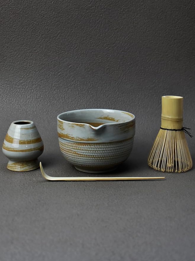Matcha Tea Set – 4 Piece Traditional Japanese Matcha Kit with Pouring Spout Bowl, Whisk, Holder, Scoop & Guide