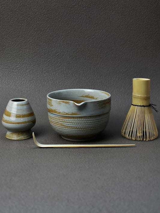 Matcha Tea Set – 4 Piece Traditional Japanese Matcha Kit with Pouring Spout Bowl, Whisk, Holder, Scoop & Guide