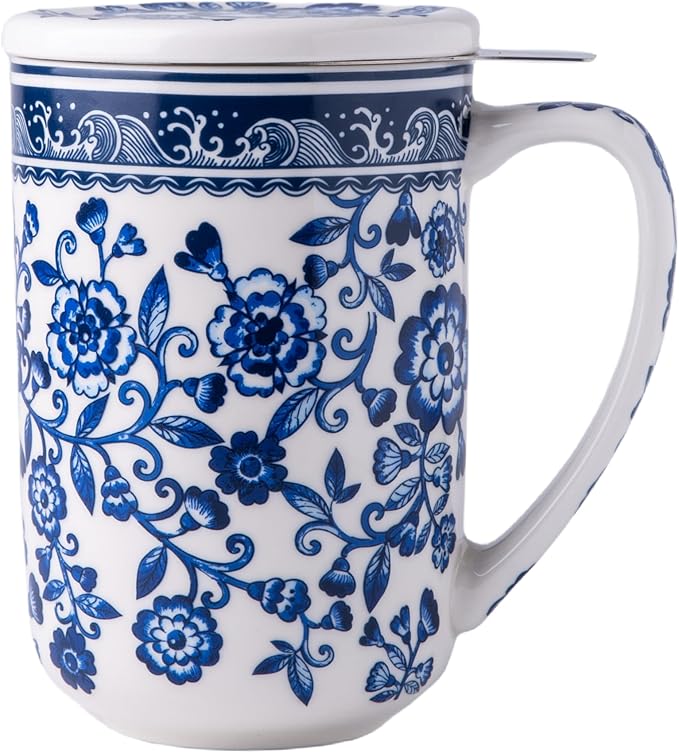 AmorArc Porcelain Tea Mug with Infuser and Lids, 18 Oz Coffee Cup Strainer with Bag Holder for Loose Leaf Tea