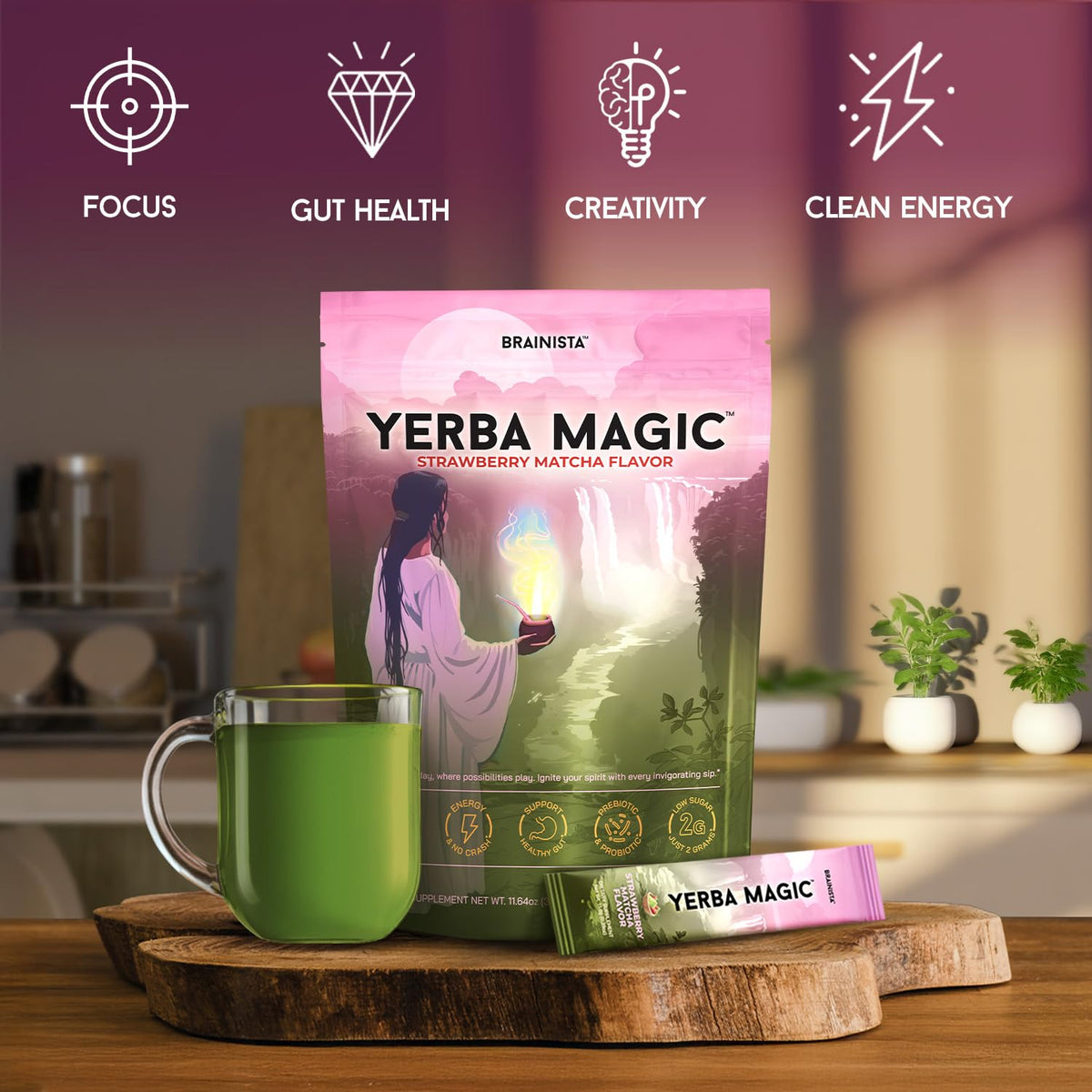 Brainista Yerba Mate Tea Sticks, Instant Tea Packets, Lion's Mane, Strawberry, 20ct