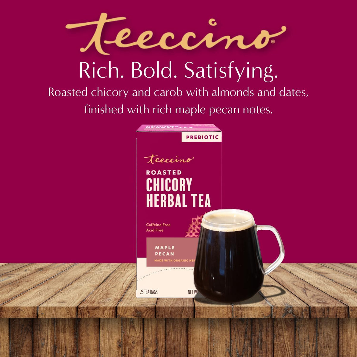 Teeccino Maple Pecan Herbal Tea - Rich &amp; Roasted Herbal Tea That’s Caffeine Free &amp; Prebiotic for Natural Energy, Coffee Alternative, 25 Count
