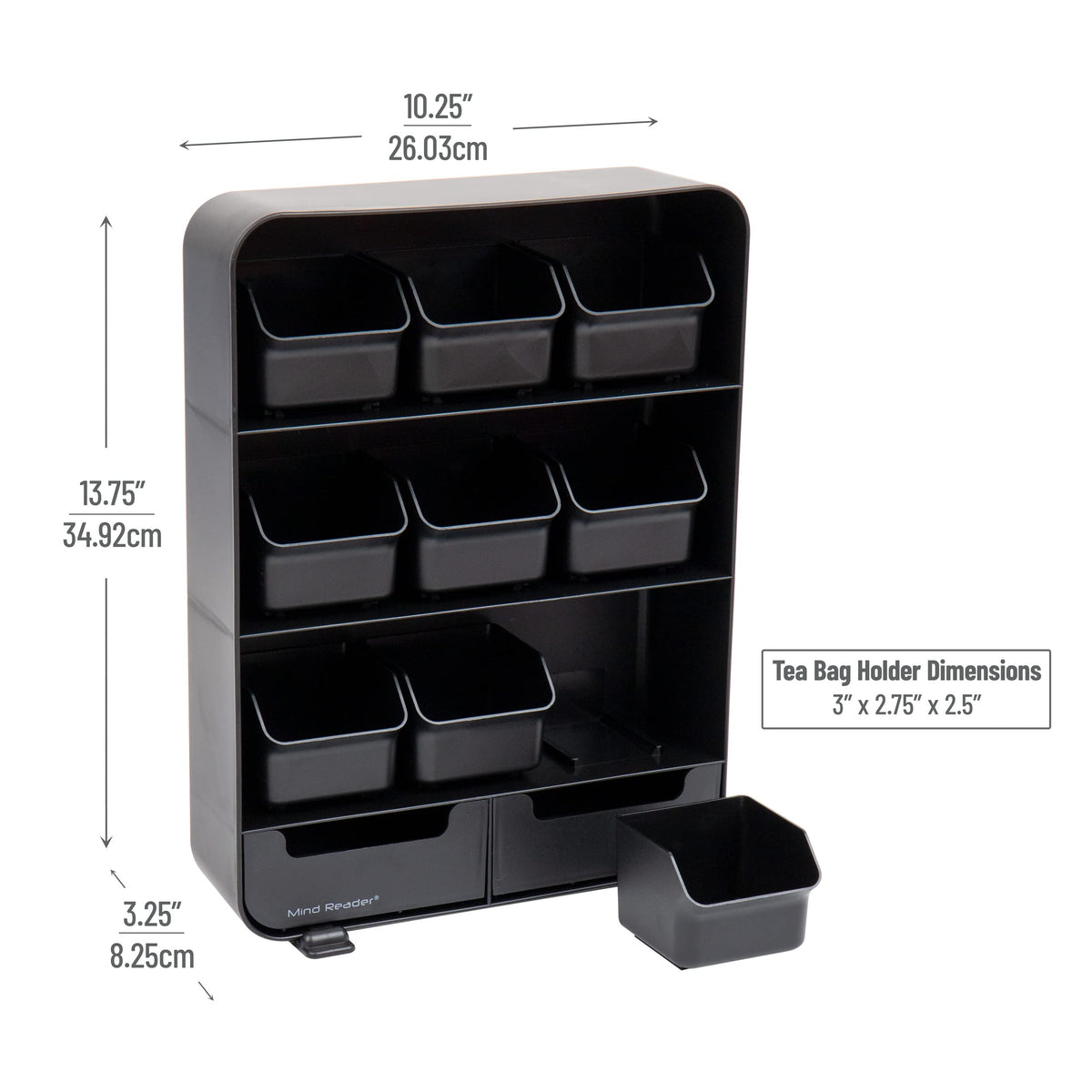 Mind Reader Tea Bag Organizer, Tea Station Organizer, Countertop Storage, Kitchen, Plastic, 10.25"L x 3.25"W x 13.75"H, Black