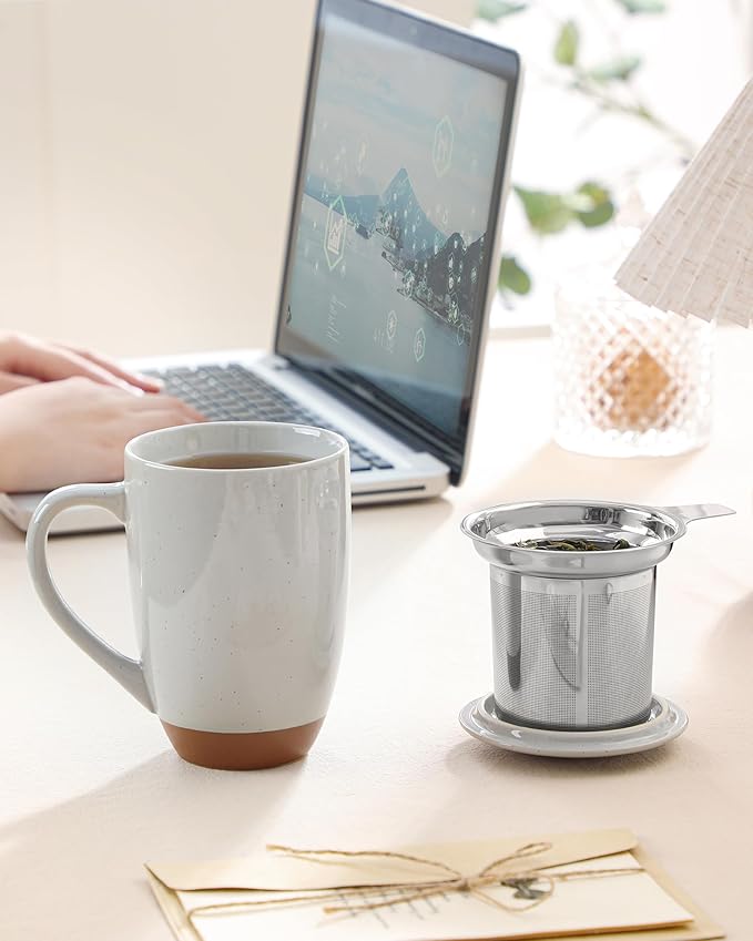 Malacasa Ceramic Tea Mug with Lid and Stainless Steel Infuser, 18 oz Large Tea Cup for Loose Leaf Tea, Heat-Resistant, Microwave & Dishwasher Safe