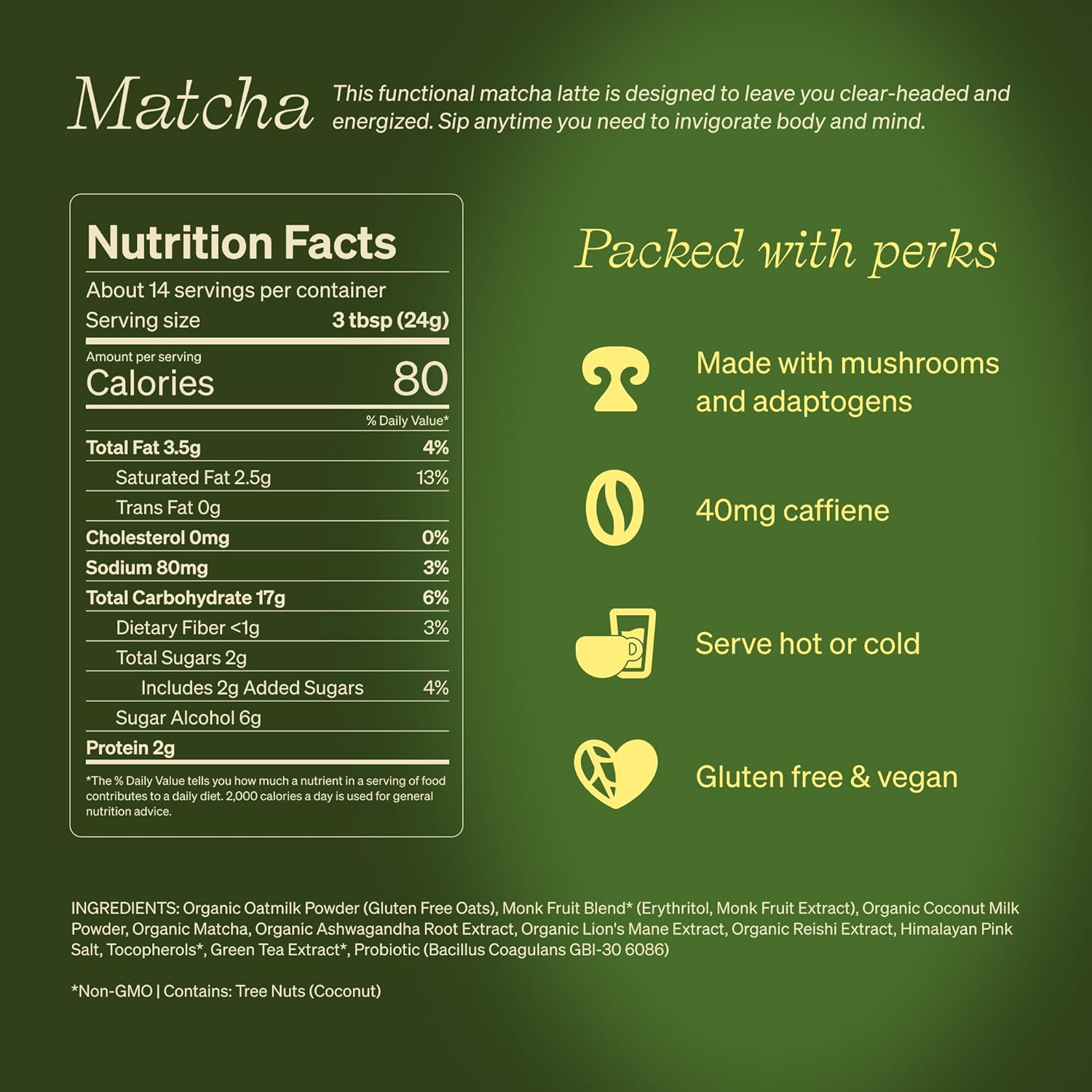 Clevr Matcha SuperLatte, Instant Ceremonial Grade, Superfood Powder Blend with Lions Mane, Reishi Mushroom, Coconut Cream, Ashwagandha, Serve Hot or Iced, (14 Lattes)