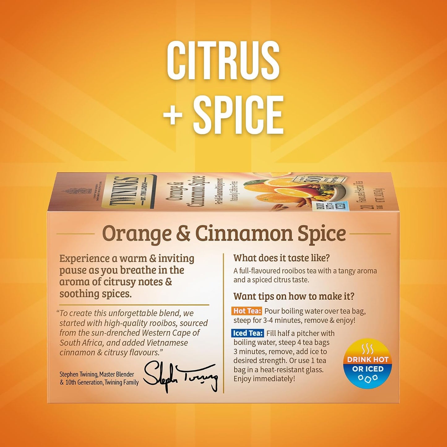 Twinings Orange &amp; Cinnamon Spice Herbal Tea Bags, 20 CT Box (6 Pack) | Rooibos with Citrusy, Soothing Spices, Naturally Caffeine-Free, 120 Foil Lined Individually Wrapped Bags, Enjoy Hot or Iced