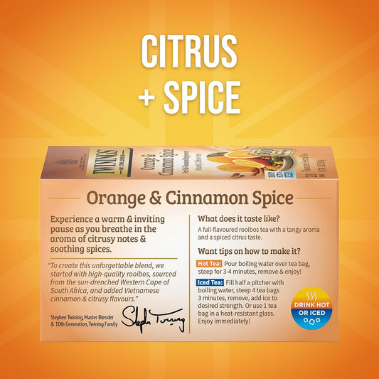 Twinings Orange &amp; Cinnamon Spice Herbal Tea Bags, 20 CT Box (6 Pack) | Rooibos with Citrusy, Soothing Spices, Naturally Caffeine-Free, 120 Foil Lined Individually Wrapped Bags, Enjoy Hot or Iced