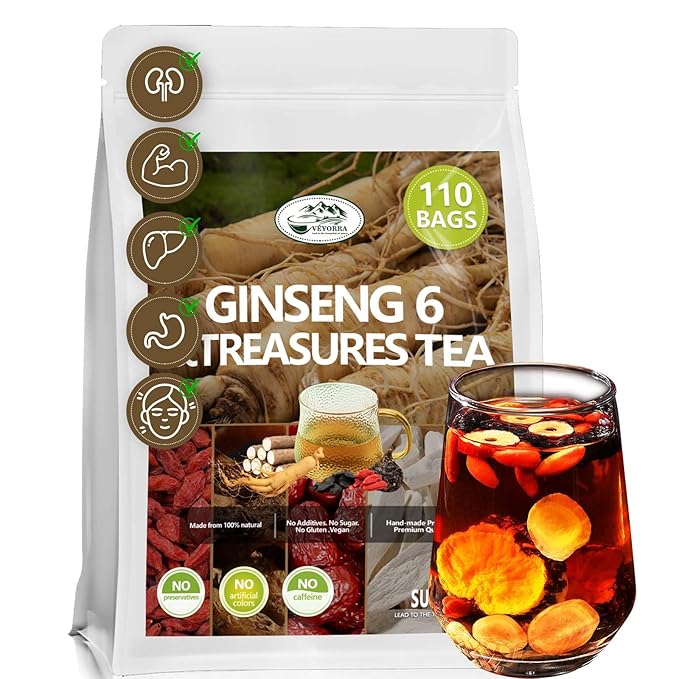 Upgrade Ginseng Six Treasure Tea - Traditional Chinese Herbal Blend, Kidney Tea&Ginseng Five Treasures Tea, Men and Women(110Bags)
