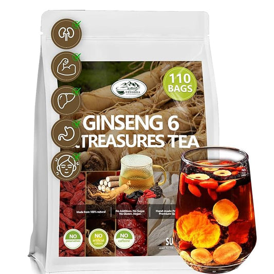 Upgrade Ginseng Six Treasure Tea - Traditional Chinese Herbal Blend, Kidney Tea&Ginseng Five Treasures Tea, Men and Women(110Bags)
