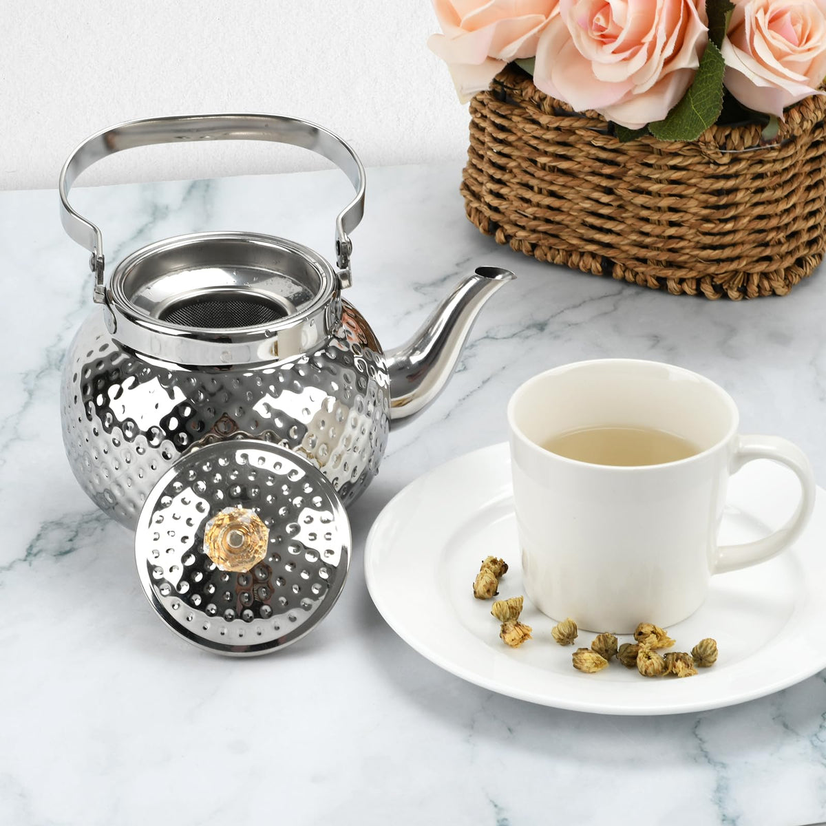 BSDLZCH 1.2L Hammered Tea Kettle Stovetop, Silver Tea Pot with Strainer for Stove