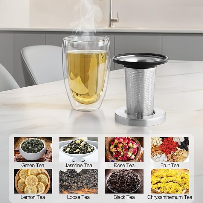 Glass Tea Cup with Infuser and Lid, Tea Infuser Mug in 12 OZ/350ML, Heat-Proof Double Wall Glass Tea Cup, 100% Plastic-Free Tea Mug with Lid and Strainer, Keeps Drinks Hot/Cold Longer Time