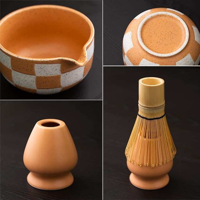 Premium 7-Piece Matcha Tea Set – Traditional Japanese Style with Elegant Grid Pattern, Includes Bamboo Whisk, Ceramic Bowl, Scoop & More