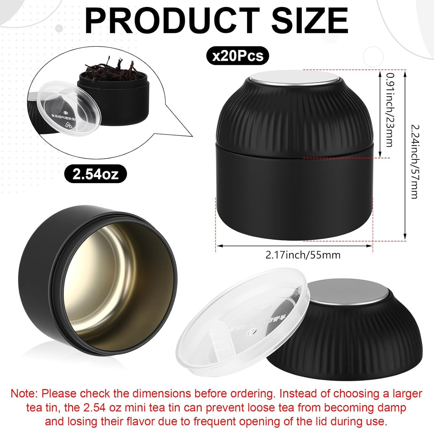20 Pcs Mini Tea Tin Canister with Airtight Double Lids 2.5 oz Bulk Small Round Metal Tinplate Tea Tin Can Tiny Kitchen Containers for Loose Teas Spices Coffee Herb Sugar Candy (Black)