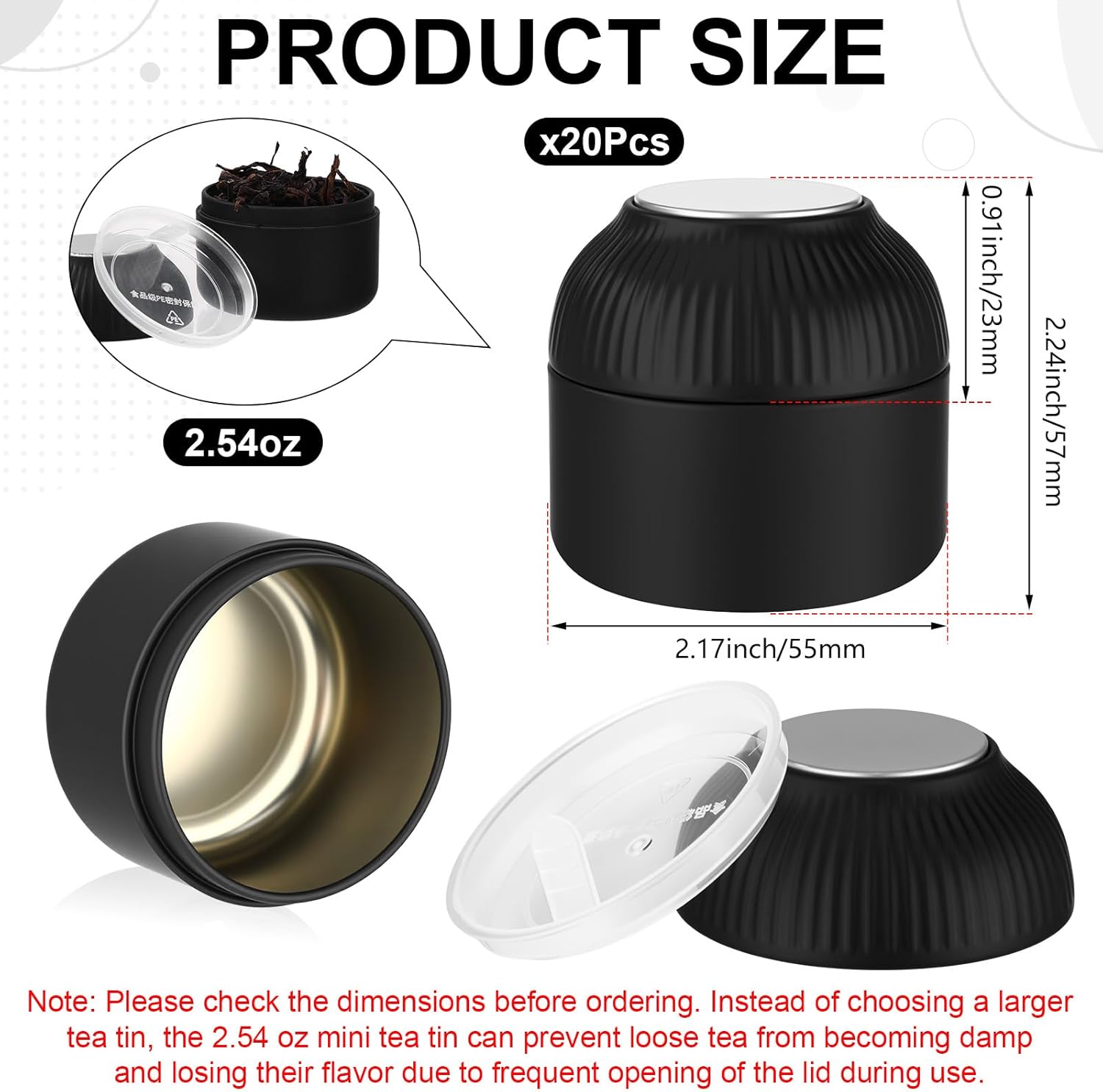 20 Pcs Mini Tea Tin Canister with Airtight Double Lids 2.5 oz Bulk Small Round Metal Tinplate Tea Tin Can Tiny Kitchen Containers for Loose Teas Spices Coffee Herb Sugar Candy (Black)
