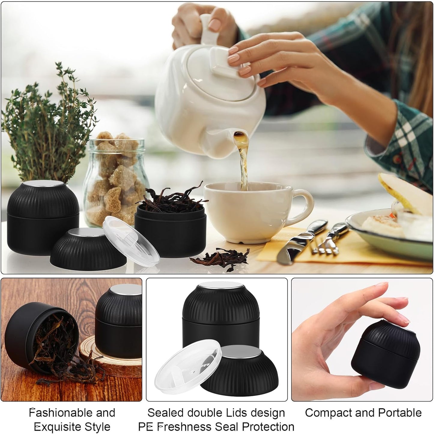 20 Pcs Mini Tea Tin Canister with Airtight Double Lids 2.5 oz Bulk Small Round Metal Tinplate Tea Tin Can Tiny Kitchen Containers for Loose Teas Spices Coffee Herb Sugar Candy (Black)