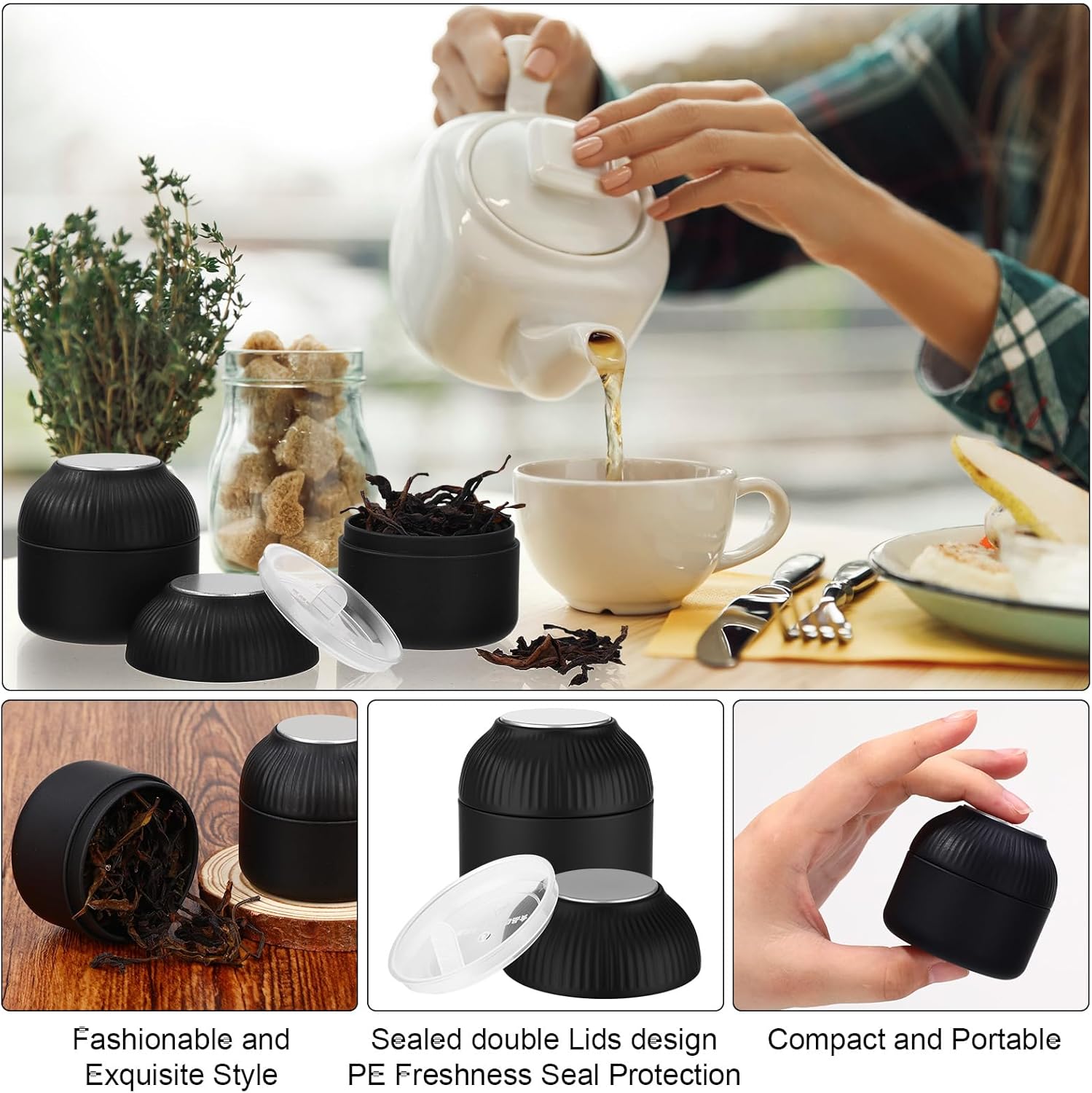 20 Pcs Mini Tea Tin Canister with Airtight Double Lids 2.5 oz Bulk Small Round Metal Tinplate Tea Tin Can Tiny Kitchen Containers for Loose Teas Spices Coffee Herb Sugar Candy (Black)