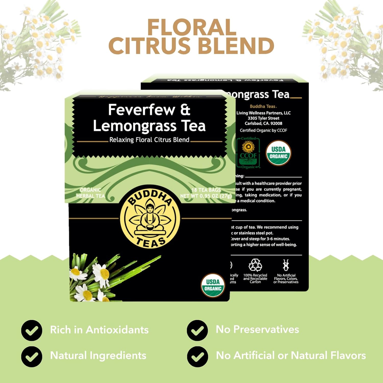 Buddha Teas - Feverfew & Lemongrass - Organic Herbal Tea - For Cognitive Balance & Overall Health - With Essential Minerals & Vitamins - Caffeine Free - 100% Kosher & Non-GMO - 18 Tea Bags (Pack of 1)