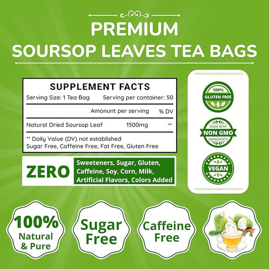 Vida Farm 50 Premium Soursop Tea Bags, 100% Natural Pure Soursop Leaves: Pleasant Taste, Natural Flavor, Caffeine Free, Hojas de Guanabana Para te
