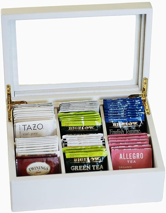 Break Tradition Wooden Tea Organizer For Tea Bags - Wooden Tea Chest With 6 Compartments - Clear Top Window - Lid Stays Open (White)