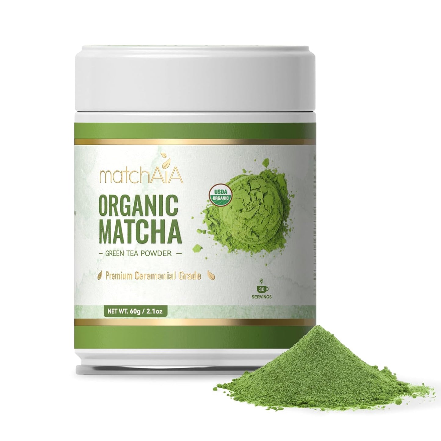 MatchAiA Organic Matcha Powder, Premium Ceremonial Grade, 60g/2.1oz Tin | 100% pure green tea matcha, first spring harvest, certified organic, sugar free, gluten free, vegan, tea ceremonies &amp; lattes