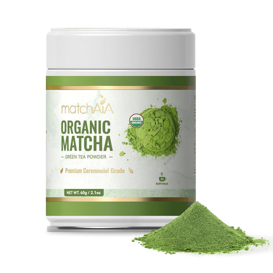 MatchAiA Organic Matcha Powder, Premium Ceremonial Grade, 60g/2.1oz Tin | 100% pure green tea matcha, first spring harvest, certified organic, sugar free, gluten free, vegan, tea ceremonies &amp; lattes