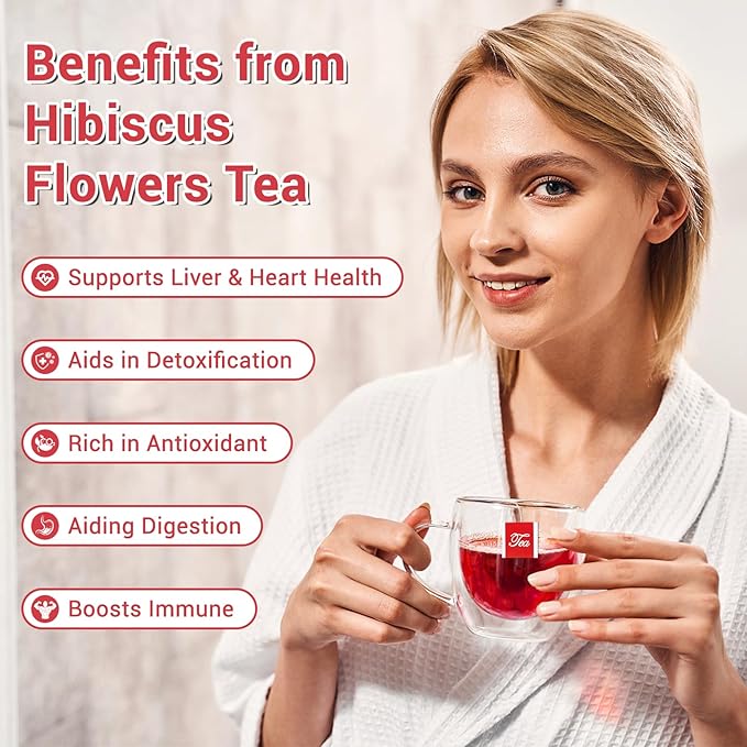 Hibiscus Tea Bags, 100% Natural Hibiscus Flowers Herbal Tea Supports Heart Health, Boosts Immune，Caffeine Free, Non-GMO, No Sugar（1 Pack/100 Bags)