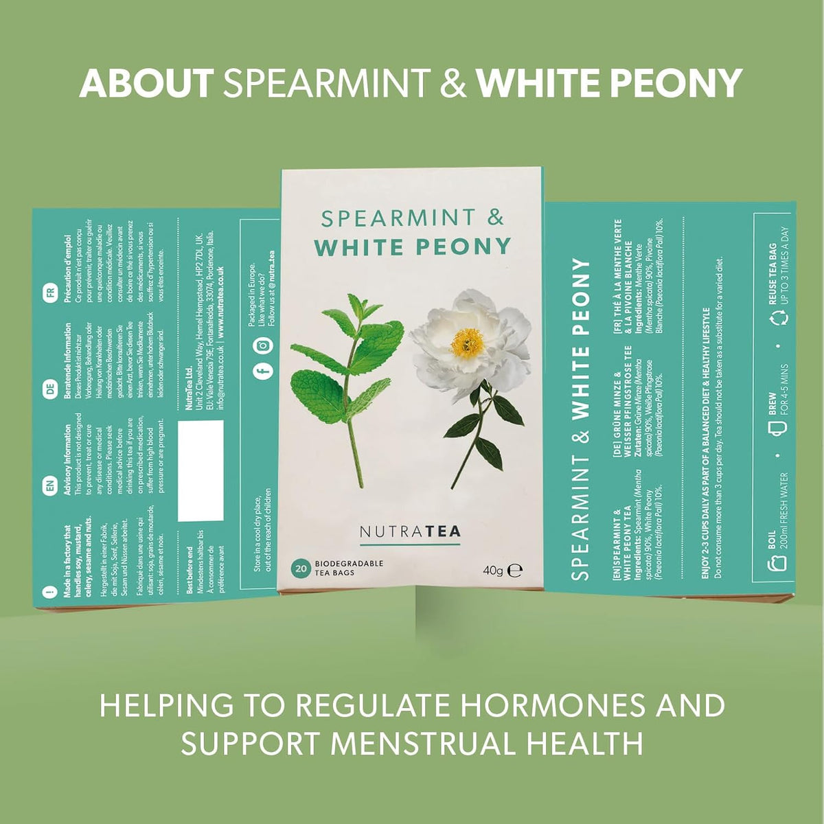 Nutra Tea - Spearmint &amp; White Peony – Spearmint Tea, PCOS Tea - For Digestion, Women's Health &amp; Acne - 20 Individually Wrapped Bags - Herbal Infusion (1 Pack)