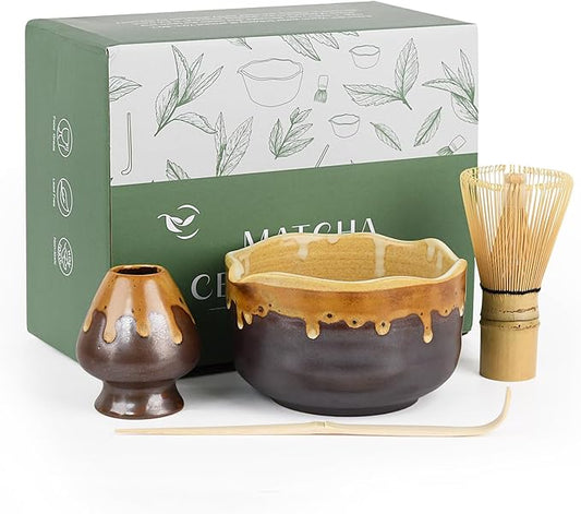 Pottery Matcha Set - Japanese Handcrafted Matcha Tea Bowl Mineral Glaze Bowl with Spout, Bamboo Whisk, Scoop & Chasen Holder