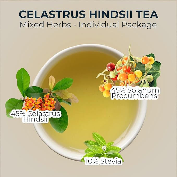 Natural Celastrus Hindsii Tea with Solanum Trilobatum & Stevia - 55 Count (+5 Tea Bags) - 4.59 oz, Bamboo Tong