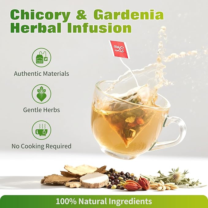 Chicory and Gardenia Tea, Burdock Root Tea, Liver and Kidney Detox, Eight Organic Herbal Ingredients, Including Chicory Root, Dandelion Root, and More, Chinese Herbal Tea Bags (30 Bags)