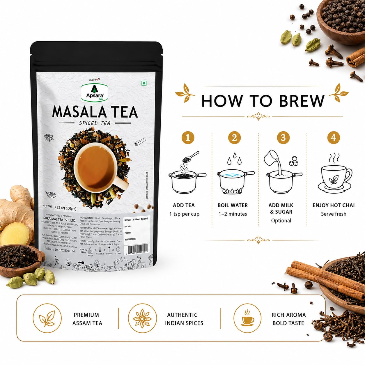 APSARA Premium Masala Chai Tea, Authentic Indian CTC Black Tea Blend with Ginger, Cardamom, Cinnamon, Black Pepper &amp; Cloves, Strong Aroma and Bold Flavor, Spiced Tea for Traditional Milk Chai, 100g