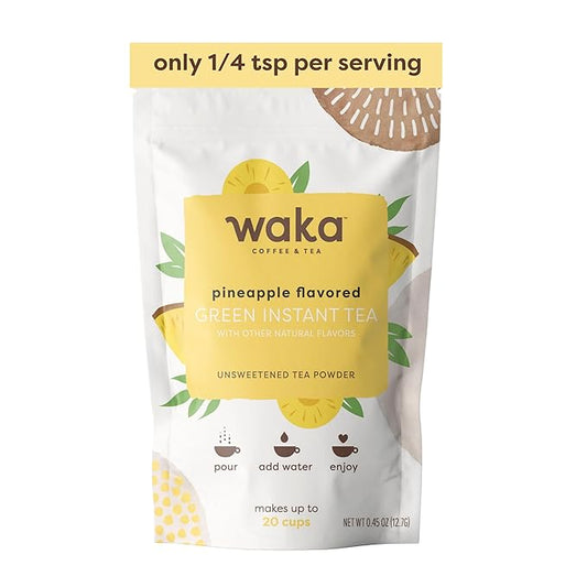 Waka Instant Green Tea Mix, Pineapple Flavored - 100% Tea Leaves, No Additives, Unsweetened Sample/Travel Size Tea Powder - Easy Quick Hot and Iced Teas, Up to 20 Cups or 5 Quarts (.45oz)