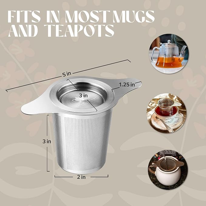 Fine Mesh Loose Tea Infuser −18/8 Stainless Steel, Large Capacity, Wide Double Handles−Fits Cups, Mugs, Small Teapots−Loose Leaf Tea Brew Basket
