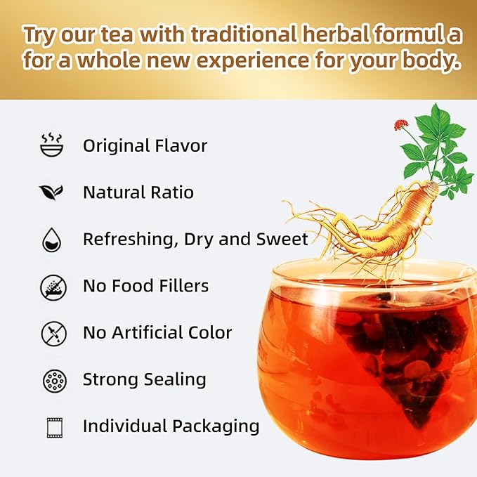 Ginseng Five Treasures Tea - 6 Precious Herbs Kidney Cleanse & Detox Tea, Traditional Chinese Organic Herbal Blend with Ginseng, Goji
