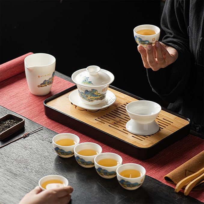 Lurrier Gongfu tea sets, Portable Ceramic TeaSet, Asian Tea sets for adult, Tea Gift sets, Grey leather case, Portable Travel Bag,Home,Gifting