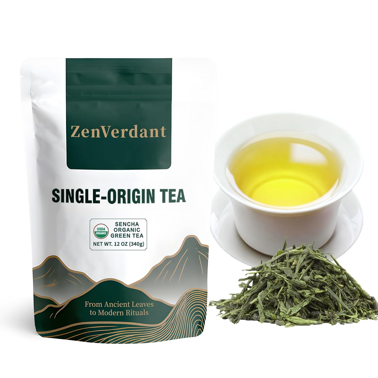 ZenVerdant Organic Sencha Green Tea Loose Leaf (12 oz) – USDA Certified Japanese-Style, Bright & Smooth Non-Bitter Brew | 100+ Servings, Rich in Antioxidants for Daily Calm & Steady Focus