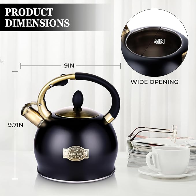 SUSTEAS Stove Top Whistling Tea Kettle - Food Grade Stainless Steel Teakettle Teapot with Cool Touch Ergonomic Handle, With 1 Silicone Pinch Mitt Included, 2.64 Quart(BLACK)