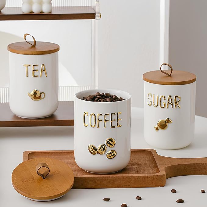Comeon Ceramic Canister Set with Airtight Seal Bamboo Lid Silicone, 27oz Food Storage Jars for Coffee Sugar Tea, Container Set for Kitchen Pantry Counter Decor (Tea)