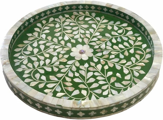 Handmade Resin Tray Mother of Pearl Bone Inlay Resin Serving Tray Floral Pattern Fancy and Decorative Serving Platter with Handle for Snacks, Tea, Coffee Table, Dining (Green)