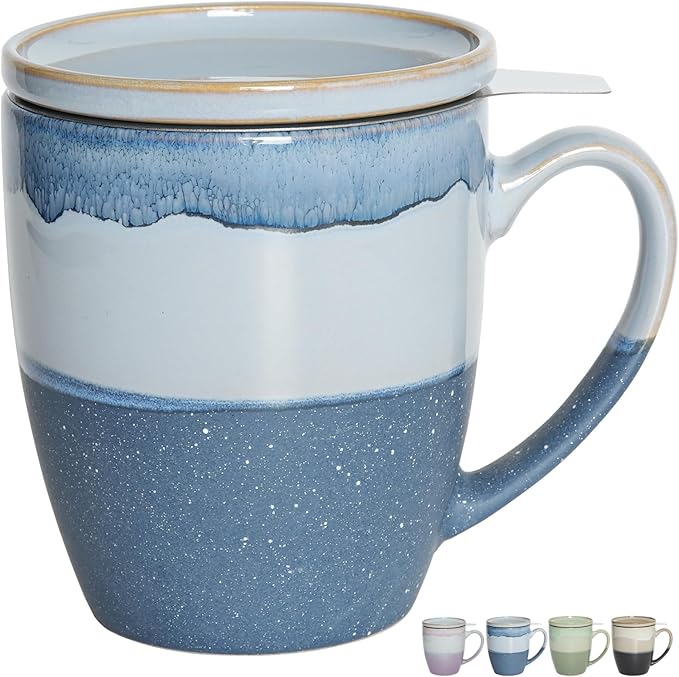 Bosmarlin Ceramic Tea Cup with Infuser and Lid, 16 Oz, 4 Colors to Choose, Dishwasher and Microwave 
