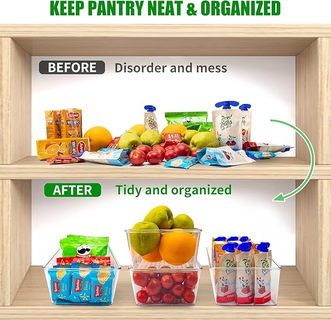 8 Pack Pantry Organizers and Storage,Snack Containers with 3 Dividers for Kitchen,Fridge,Refrigerator Organization and Storage,Clear Plastic Organizer Bins for Spice,Tea bag,Seasoning
