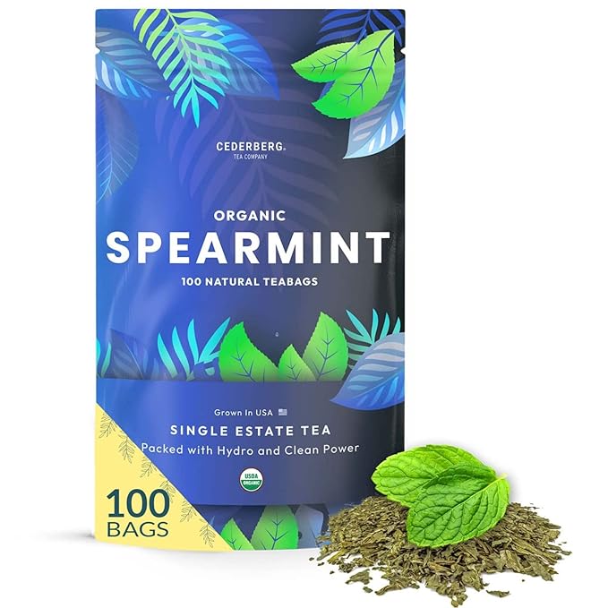 Organic Spearmint Herbal Tea — 100 Tea Bags, Grown in USA, Eco-Friendly Tea Bags, Non-GMO Caffeine Free Tea, Cederberg Tea Company