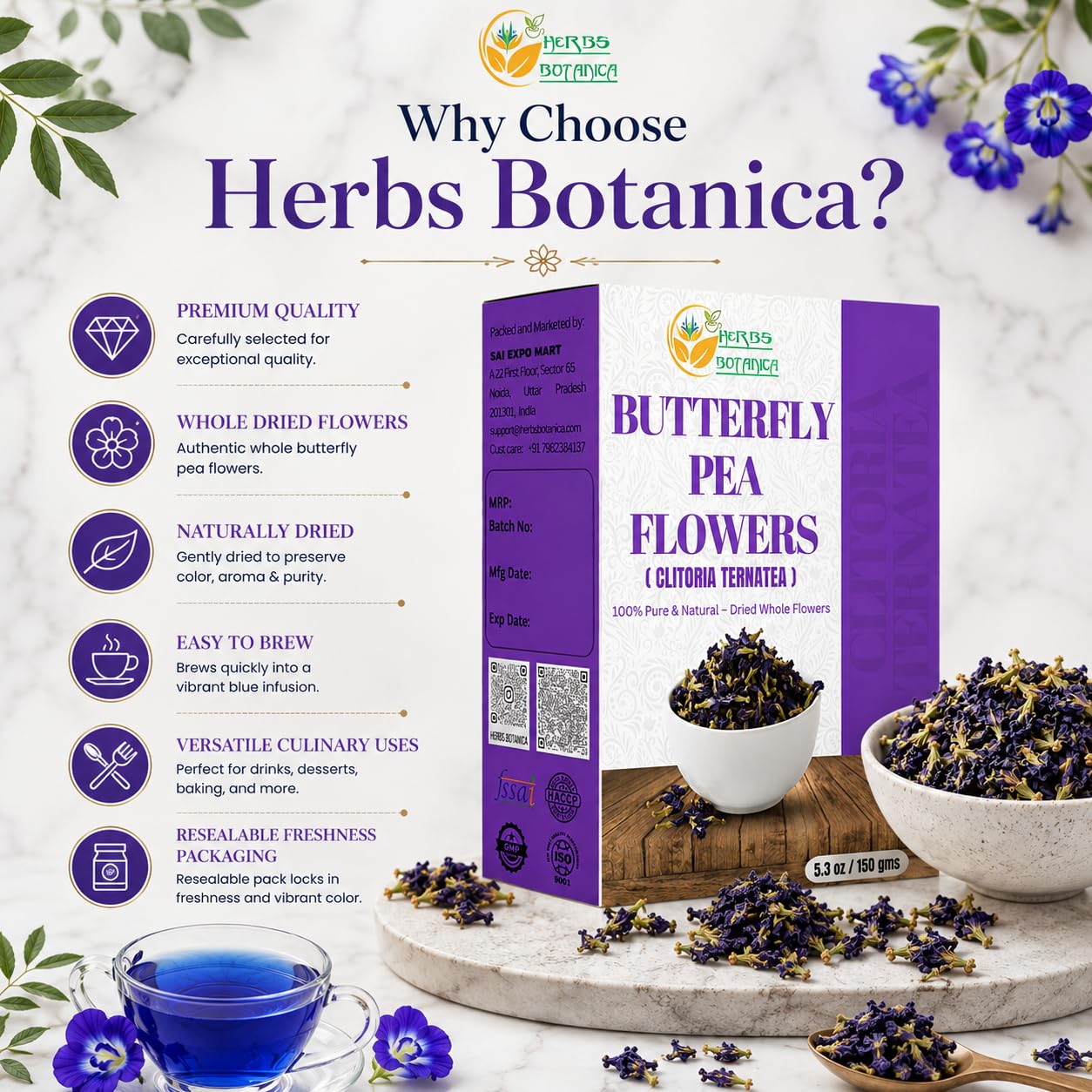 Herbs Botanica Dried Butterfly Pea Flowers – 5.3 oz (150g) – Natural Blue Food Coloring for Tea, Lattes, Cocktails &amp; Baking – Whole Blue Pea Flower (Clitoria Ternatea) – Caffeine Free, Non-GMO &amp; Vegan